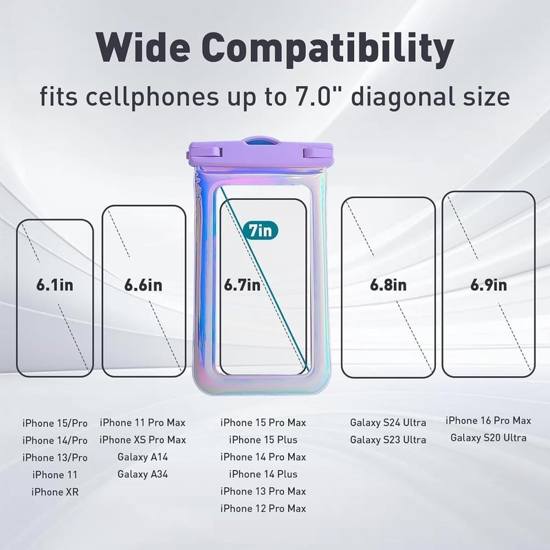 Foweroty Floatable Waterproof Phone Pouch Case 2 Pax for iPhone 17 16 Pro Max/15/14/13/12,IP68 Travel Cellphone Dry Bag Beach Cruise Ship Essentials Bags with Crossbody Lanyard, Iridescent Purple and Black-7″ - Image 2